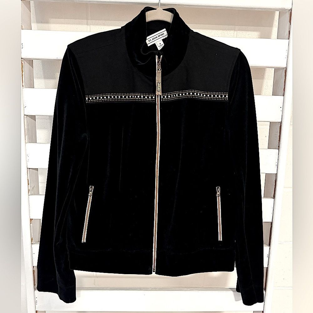 ST JOHN Black Velour Zipper Front Jacket W/ Gold Trim Sz S
